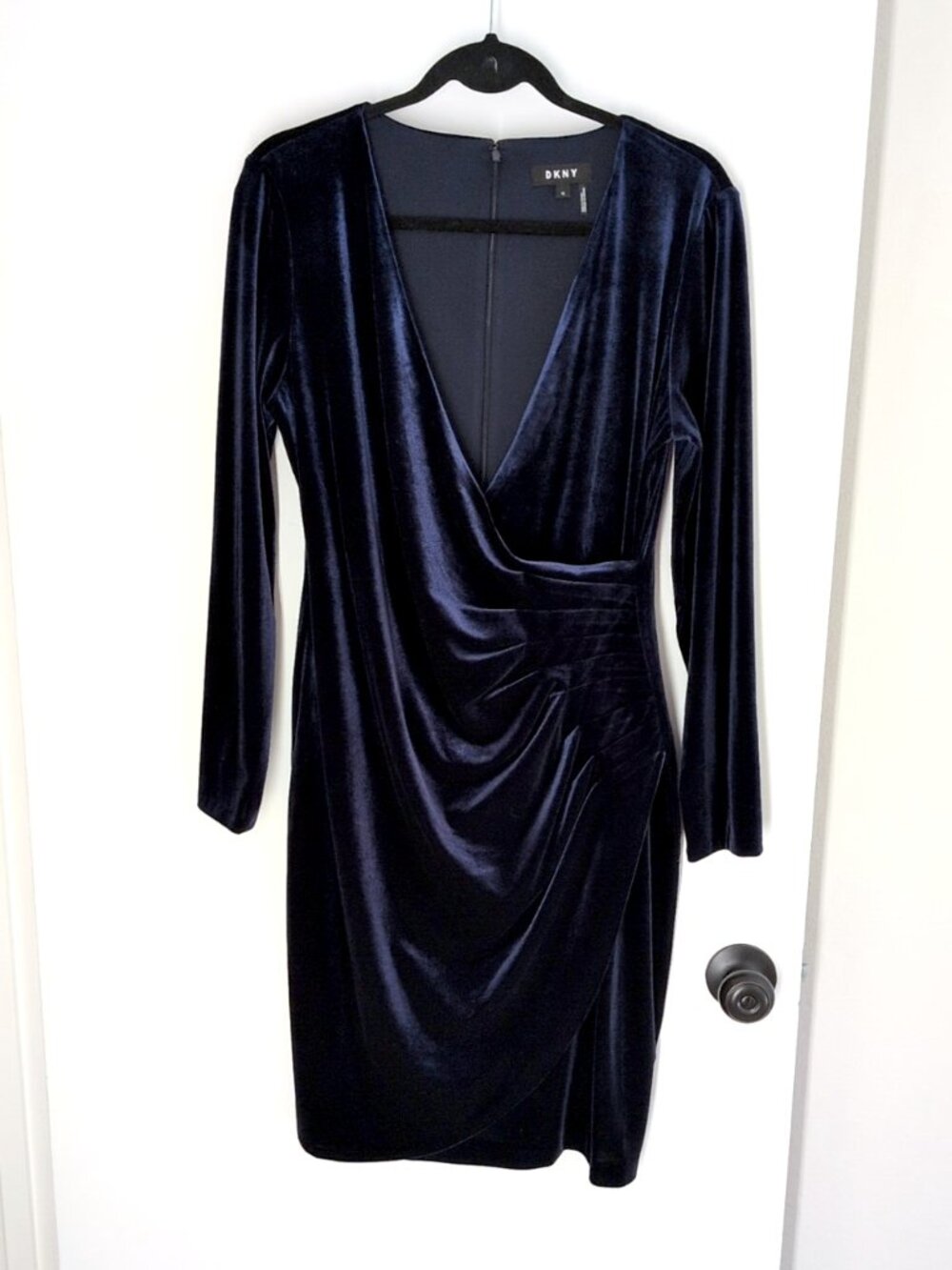 DKNY velvet ruched sheath dress surplice top Midnight Blue 12 navy long sleeve